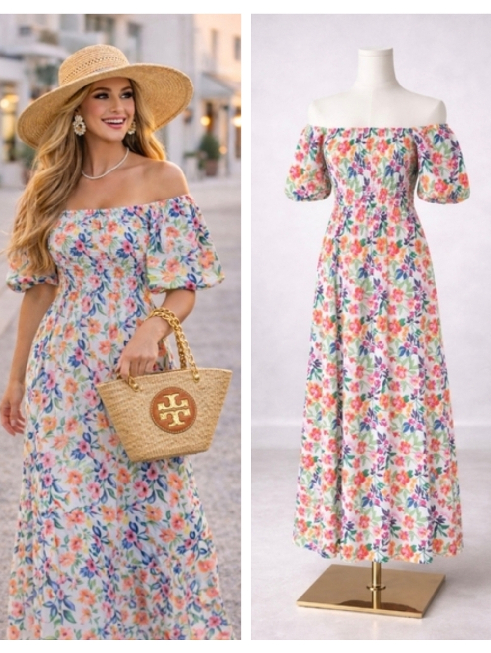 Smocked, Off the Shoulder, Floral Maxi Dress w/ Accessories